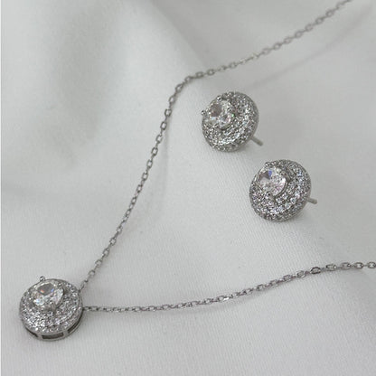 CONJUNTO COLAR E BRINCO PONTO DE LUZ CRAVEJADO PRATA 925 C/ ZIRCONIA