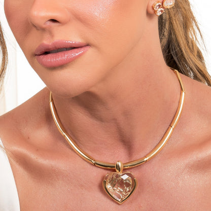Pingente Coração Cristal Dourado Amor que vem de Dentro