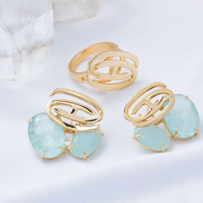 Brinco Dourado com Pedras Fusion Turquesa
