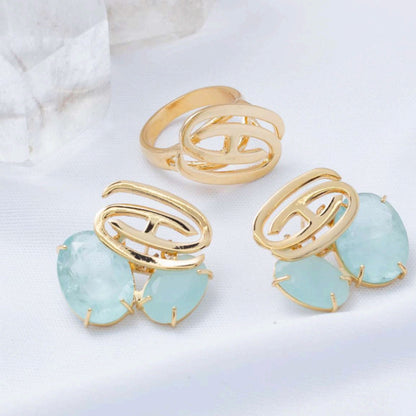 Brinco Dourado com Pedras Fusion Turquesa