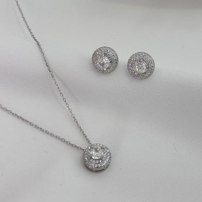CONJUNTO COLAR E BRINCO PONTO DE LUZ CRAVEJADO PRATA 925 C/ ZIRCONIA
