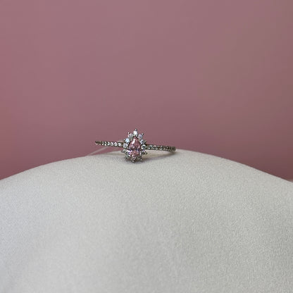 Anel prata 925 solitario cravejado pedra quartzo rosa gota