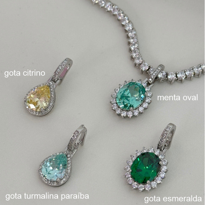 PINGENTE TURMALINA PARAÍBA GOTA PRATA 925 CRAVEJADO